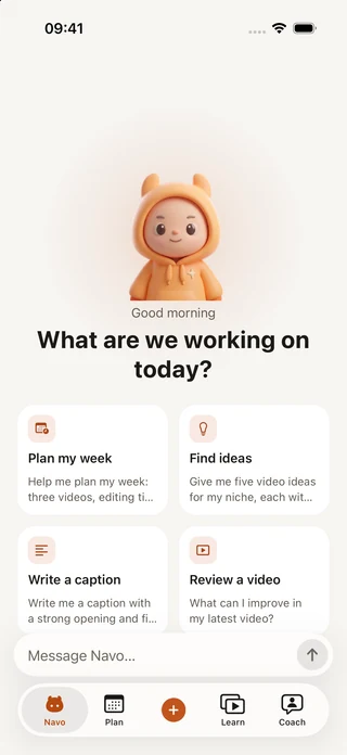 Navo, with prompts for video ideas, weekly planning and feedback.