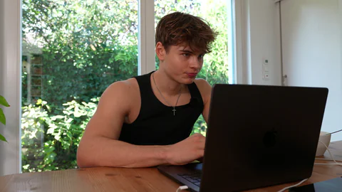 Noah am Laptop in einer illustrierten Call-Ansicht